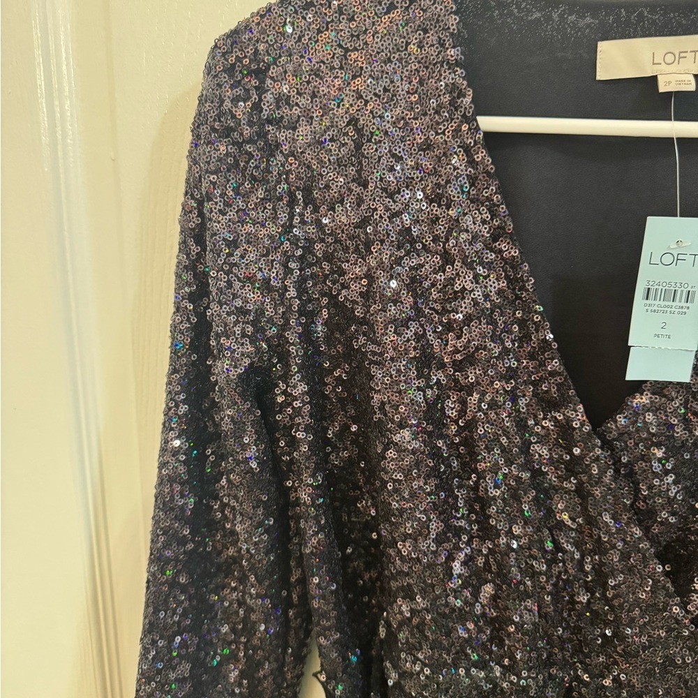 LOFT Shimmering Black Sequin Belted Dress Party Holiday Festival - Picture 2 of 7